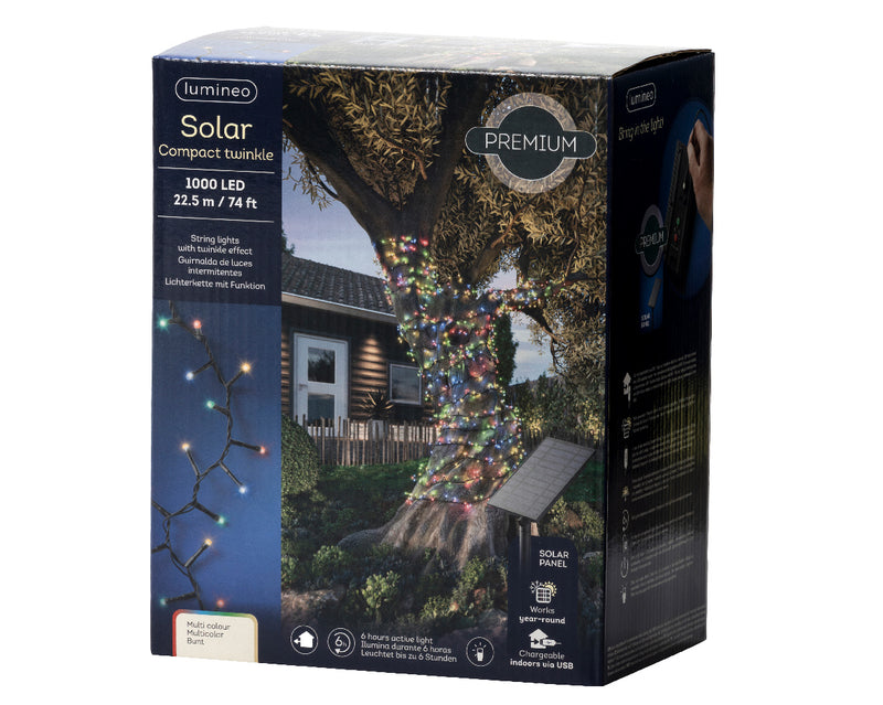 Lumineo Solar Powered 1000 Compact Twinkle Multi Coloured Lights Black Cable 22.5m