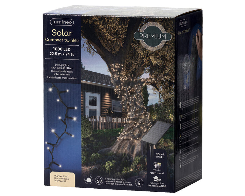 Lumineo Solar Powered 1000 Compact Twinkle Warm White Lights Black Cable 22.5m