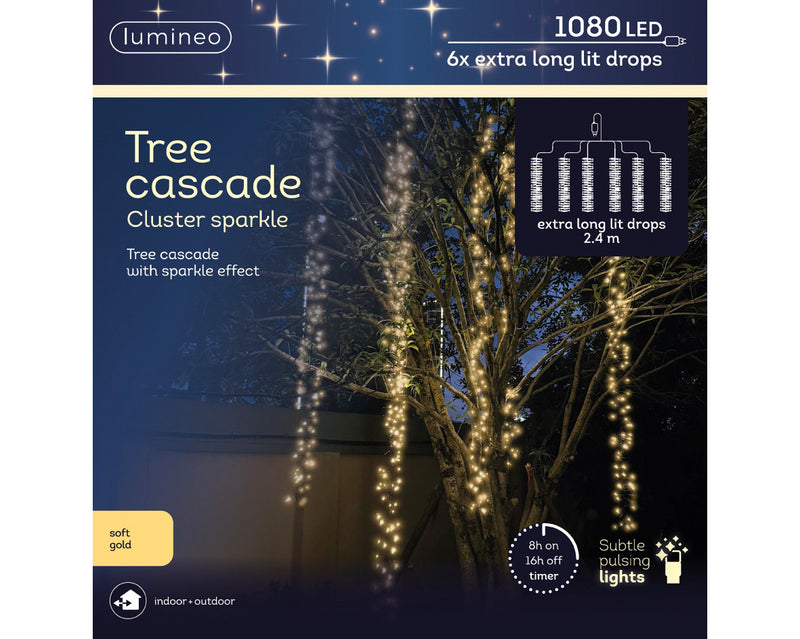 Lumineo Tree Cascade Cluster Sparkle 1080 Soft Gold Colour Lights With Black Cable (240cm x 240cm)