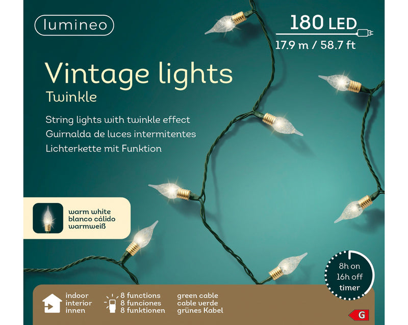 Lumineo Vintage 180 Twinkle Warm White Christmas Lights With Green Cable 17.9m