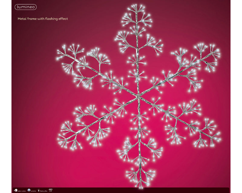 Lumineo LED Silver Snowflake Light Outdoor Metal Frame With 480 Cool White Lights (H.108cm)