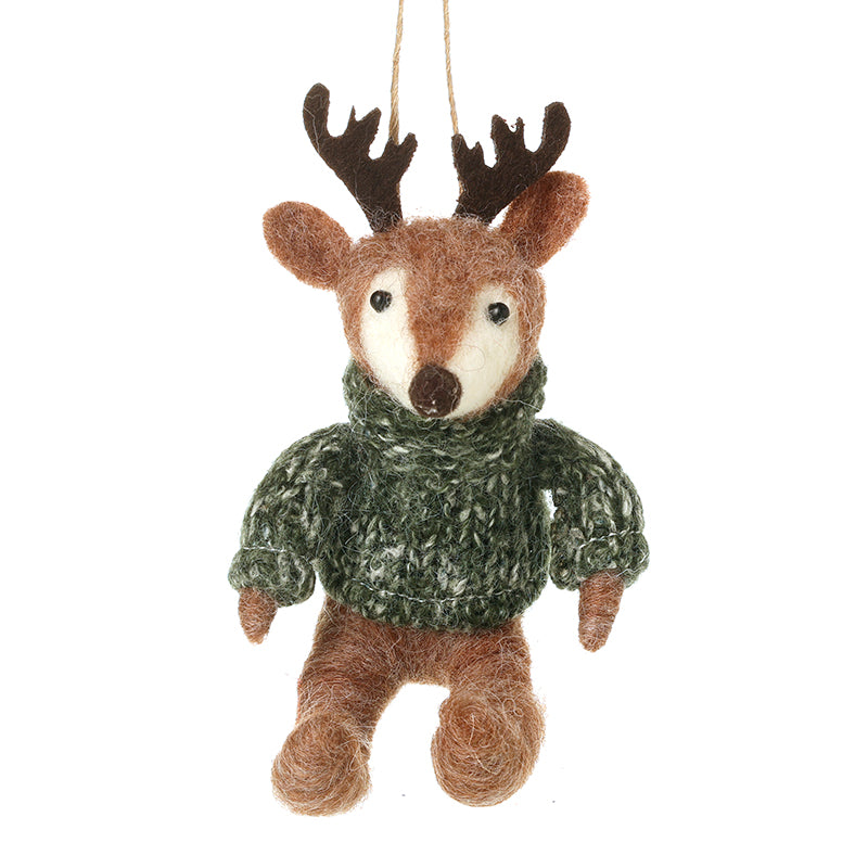 Reindeer in green jumper Christmas decoration – Heaven Sends