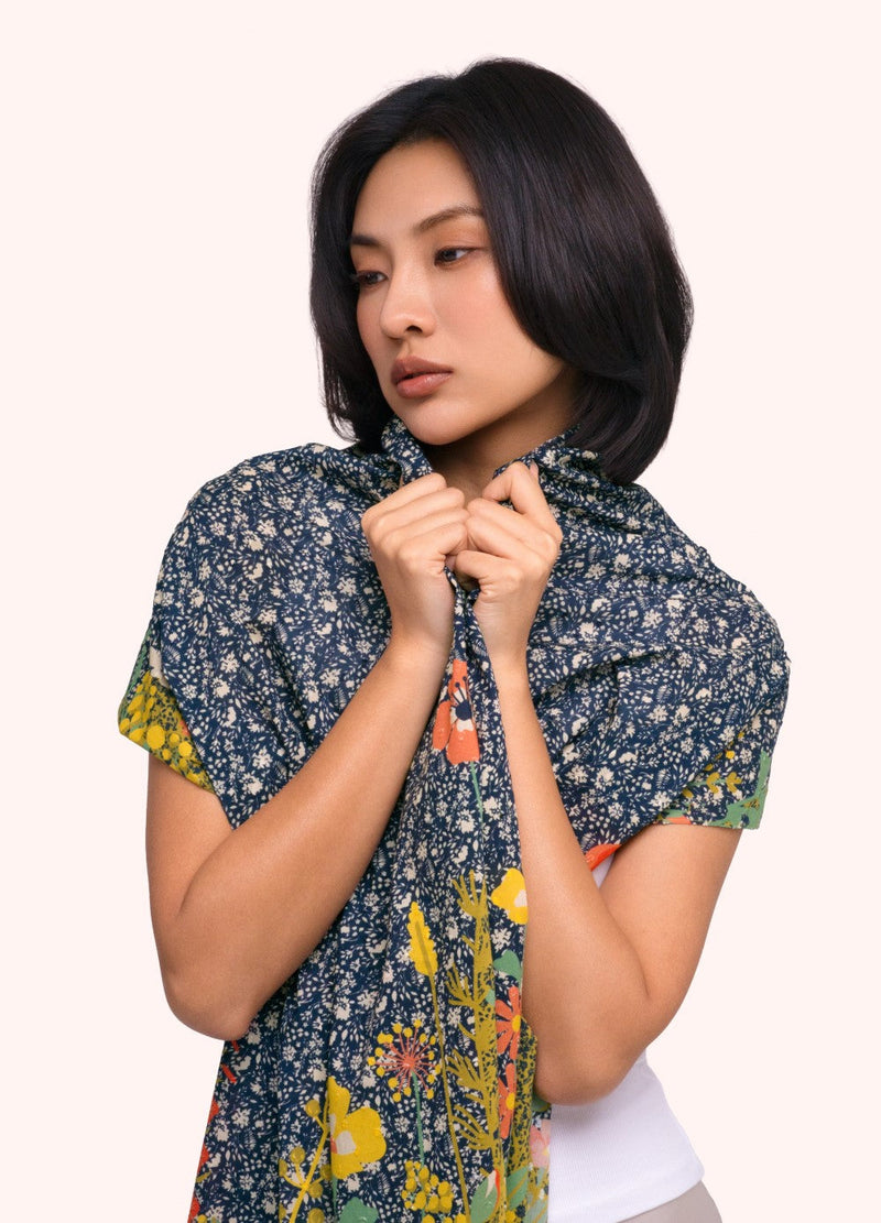 Floral Hedgerow Cotton Poplin Scarf - Navy by Powder worn by a model