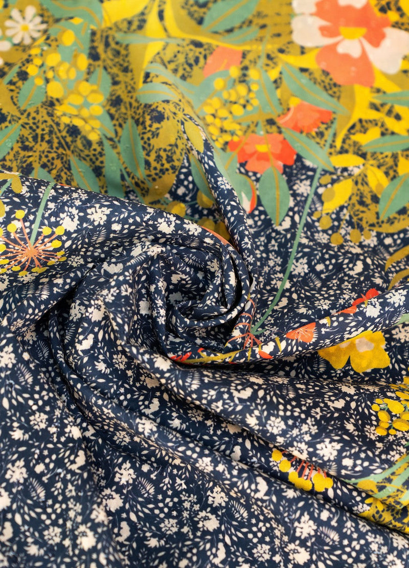 Floral Hedgerow Cotton Poplin Scarf - Navy by Powder close-up print and fabric detail