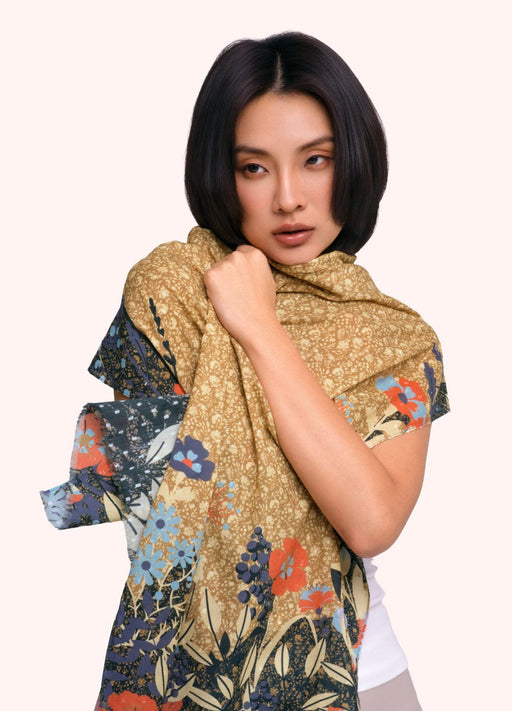 Floral Hedgerow Cotton Poplin Scarf - Moss by Powder worn by a model