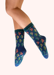 Leaves Cosy Socks - Blue by Powder worn on the leg