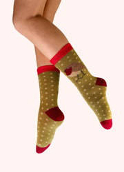 Robin Cosy Socks - Green by Powder worn on the leg