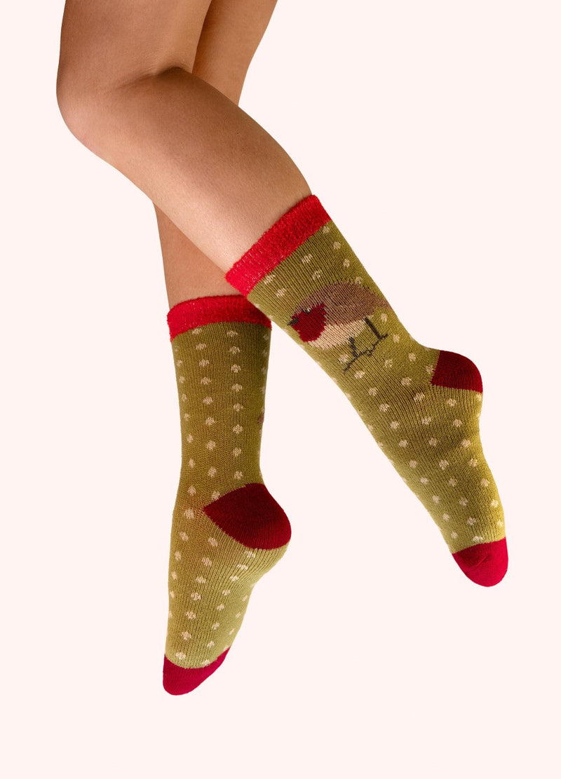 Robin Cosy Socks - Green by Powder worn on the leg