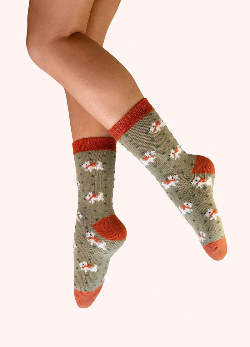 Woolly Westie Cosy Socks - Green by Powder worn on the leg