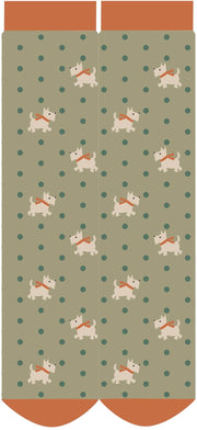 Woolly Westie Cosy Socks - Green by Powder showing the full design