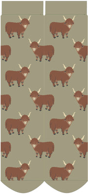 Highland Cow Fuzzy Socks - Green by Powder showing the full design