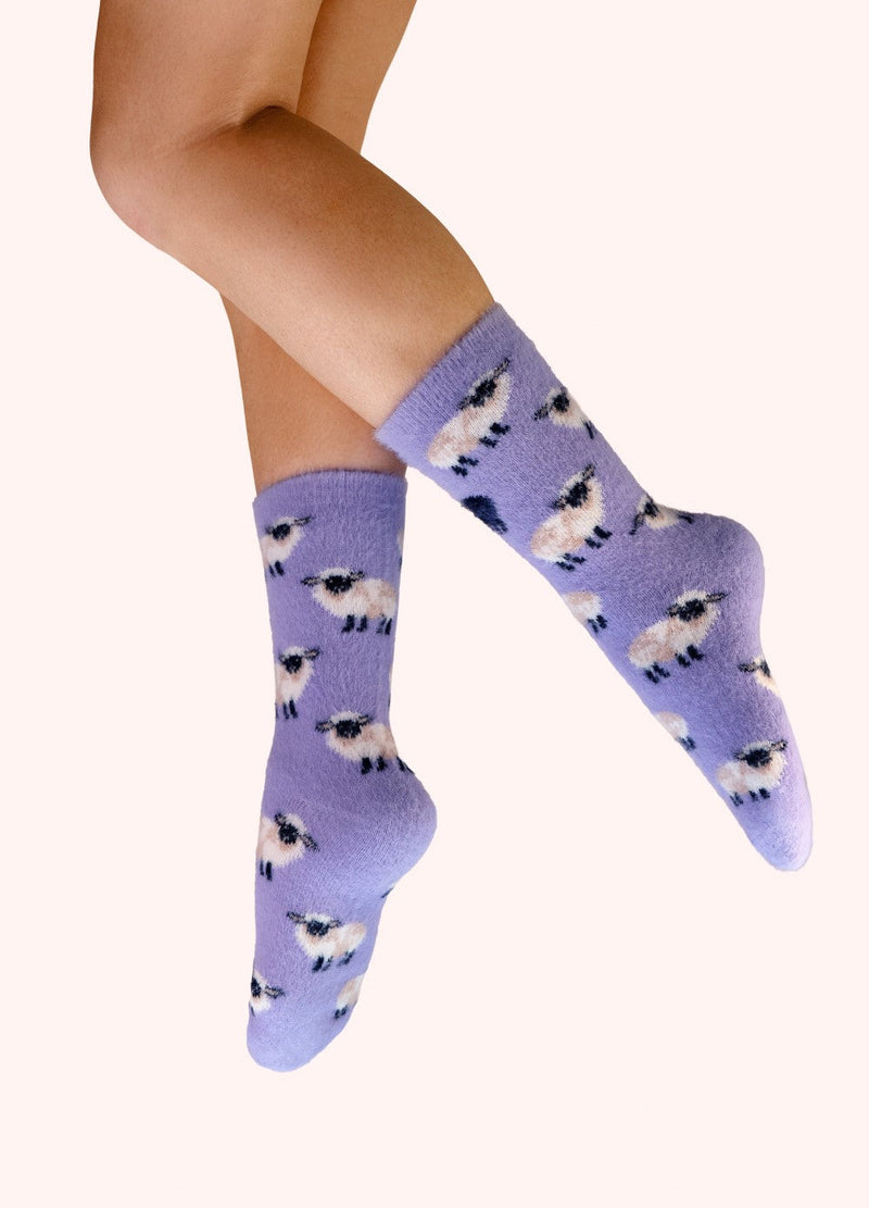 Sheep Fuzzy Socks - Purple by Powder worn on the leg