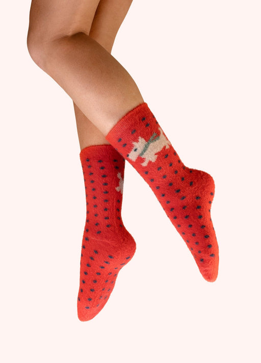 Woolly Westie Fuzzy Socks - Pink by Powder worn on the leg