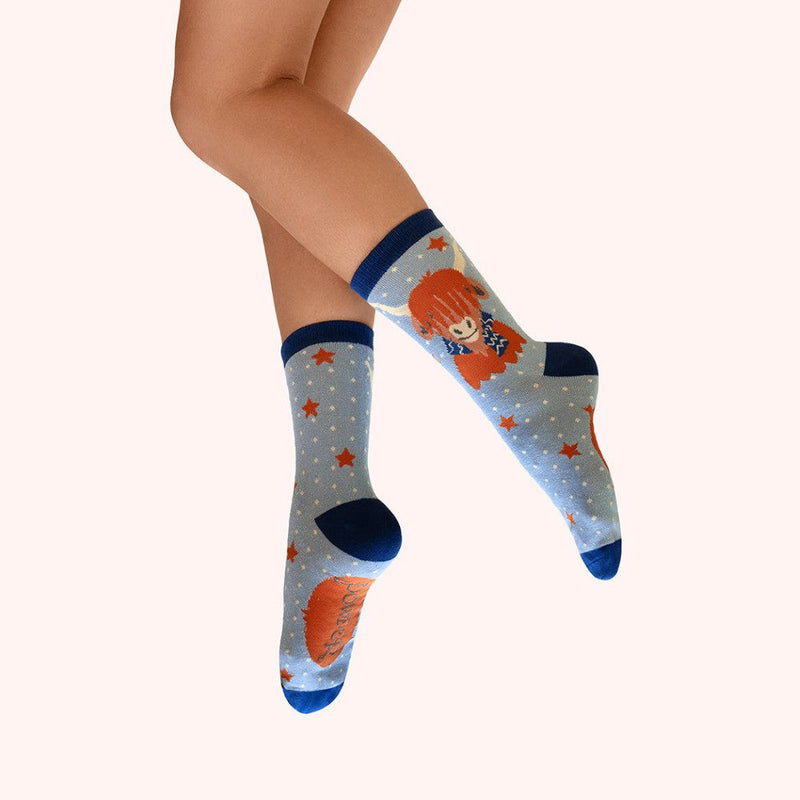 Highland Cow Glitter Ankle Socks - Blue by Powder worn on the leg