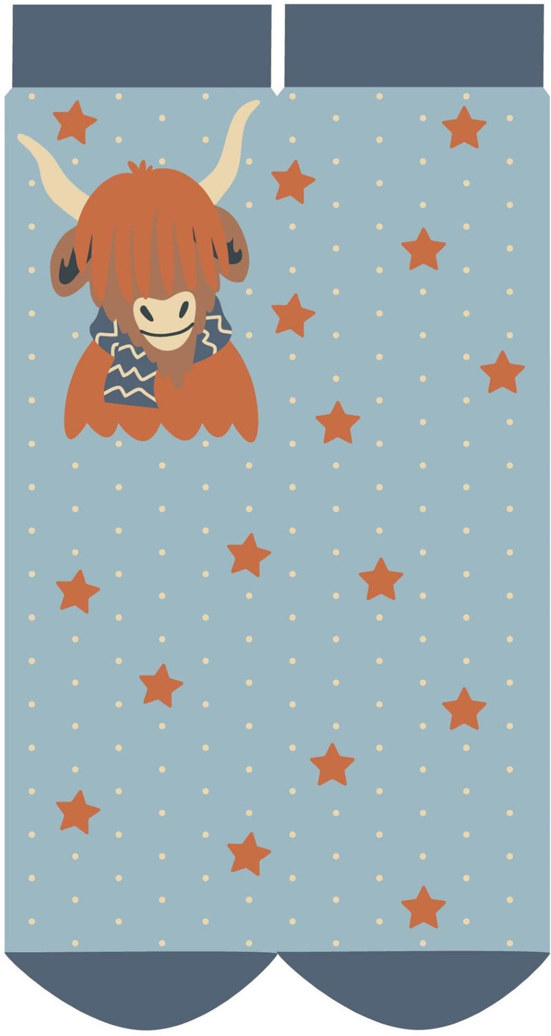 Highland Cow Glitter Ankle Socks - Blue by Powder showing the full design