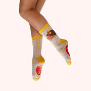 Hedgehog in a Hat Glitter Ankle Socks - Cream by Powder worn on the leg