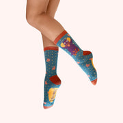Sausage Dog Glitter Ankle Socks - Blue by Powder worn on the leg