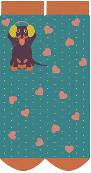 Sausage Dog Glitter Ankle Socks - Blue by Powder showing the full design