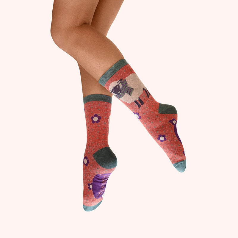 Sheep in a Scarf Glitter Ankle Socks - Orange by Powder worn on the leg