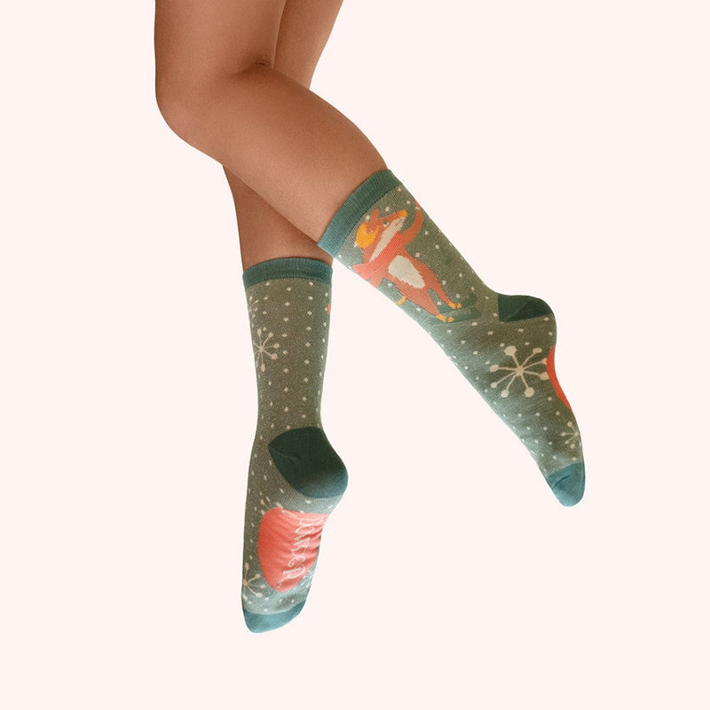 Skiing Mouse Glitter Ankle Socks - Green by Powder worn on the leg
