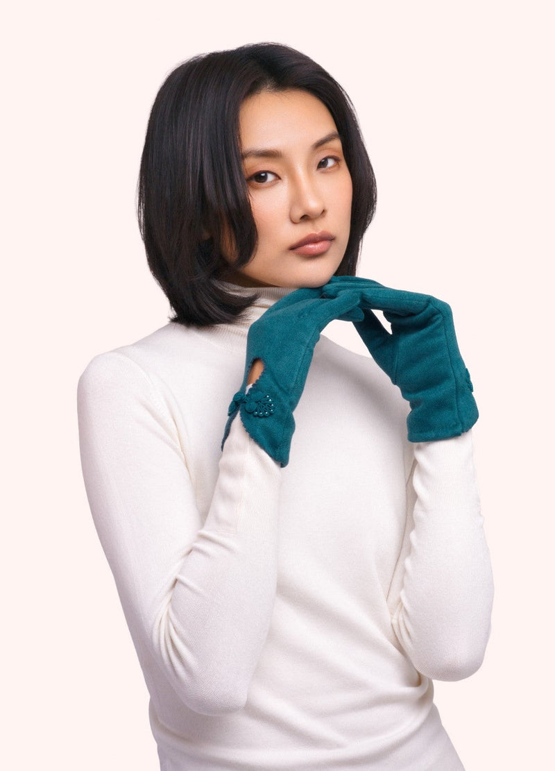 Suki Faux Suede Gloves - Teal by Powder worn by a model