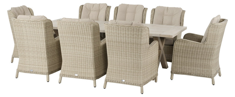 Chedworth Sandstone Ceramic Rectangle Table with 8 Rattan High Back Armchairs