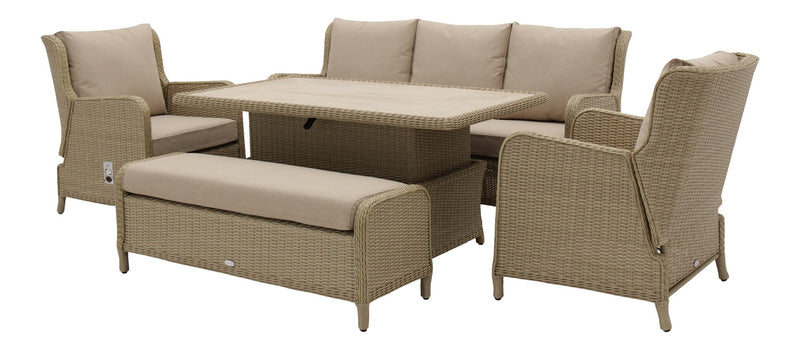 Chedworth Reclining 3 Seat Sofa, Piston Adjustable Ceramic Rectangle Table, 2 Sofa Chairs & Bench - Sandstone