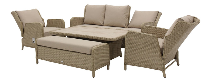 Chedworth Reclining 3 Seat Sofa, Piston Adjustable Ceramic Rectangle Table, 2 Sofa Chairs & Bench - Sandstone