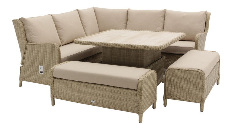 Chedworth Sandstone Rattan Reclining Corner Sofa with Piston Adjustable Ceramic Rectangle Table & 2 Benches