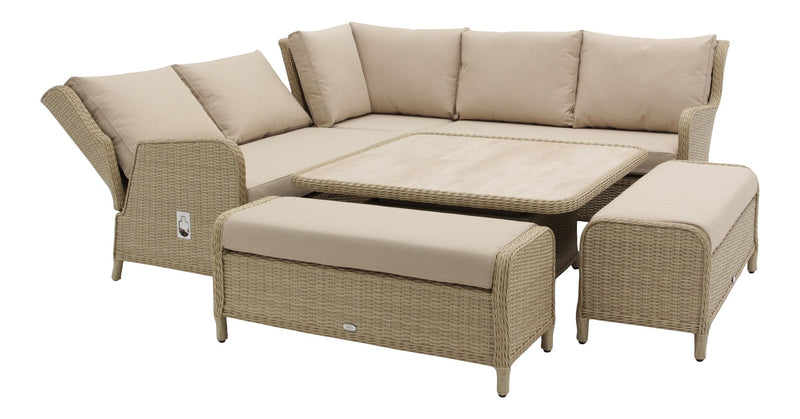 Chedworth Sandstone Rattan Reclining Corner Sofa with Piston Adjustable Ceramic Rectangle Table & 2 Benches
