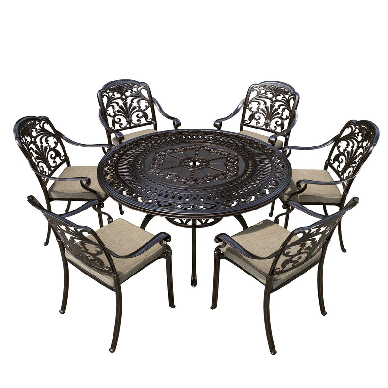 Venice Bronze Cast Aluminium 6 Seat Round Dining Set with Parasol & Base
