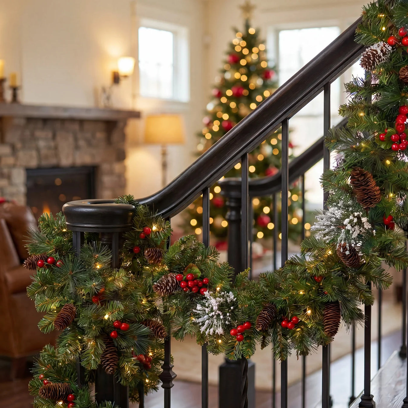 Pre-lit Wintry Pine Christmas garland with warm white lights, pine cones and red berries