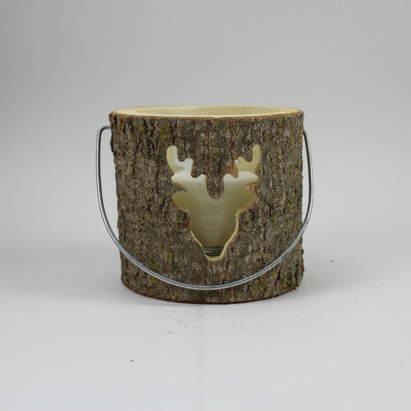 Wooden North Pole Lantern With Candle With Deer Head Design 13cm