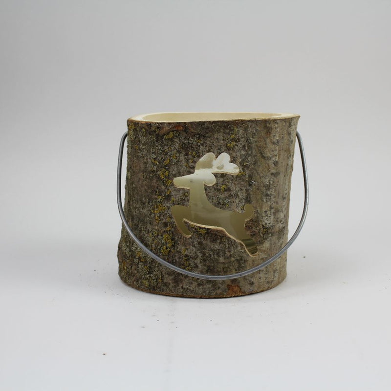 Wooden North Pole Lantern With Candle With Reindeer Design 13cm