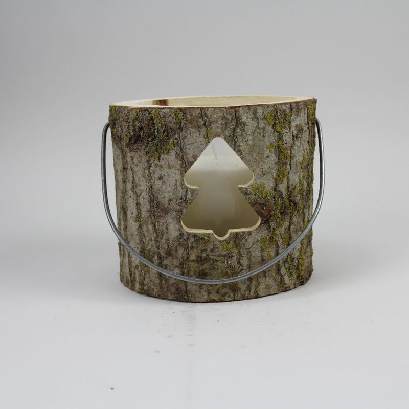 Wooden North Pole Lantern With Candle With Tree Design 13cm