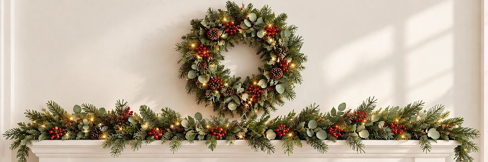 Christmas wreath and garland displayed together in a festive home setting
