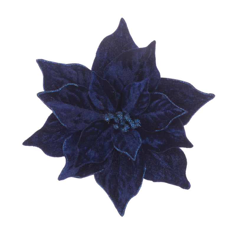 Christmas Poinsettia Deep Blue Velvet Luxe With Clip 23cm