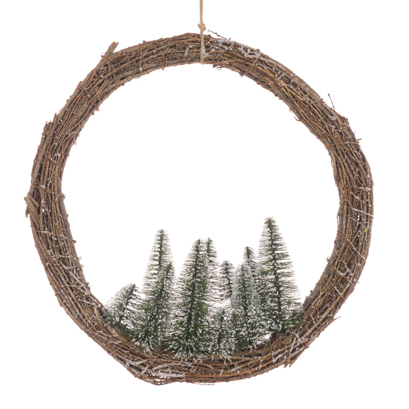 Christmas Forest Willow Wreath With Miniature Trees Frosted 45cm
