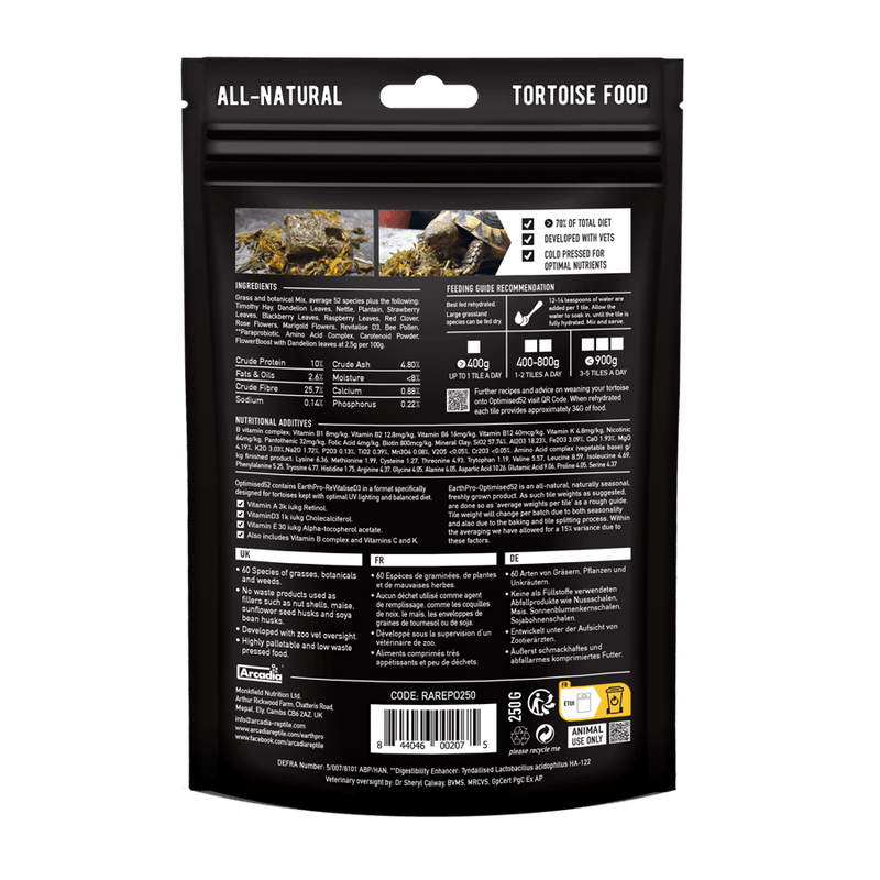 Arcadia EarthPro Optimised52 Tortoise Food 1kg — official product information