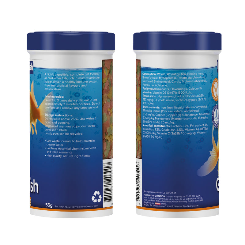 King British Goldfish Flake Food 55g – label view