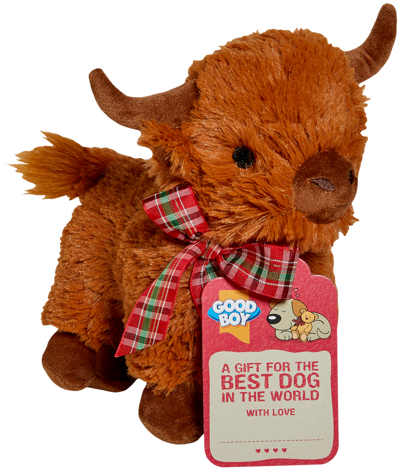 Good Boy Highland Cow Dog Toy with Tartan Bow