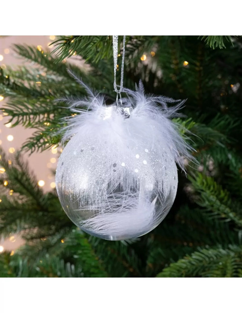 Bauble with White Feathers Shatter Proof (8cm)