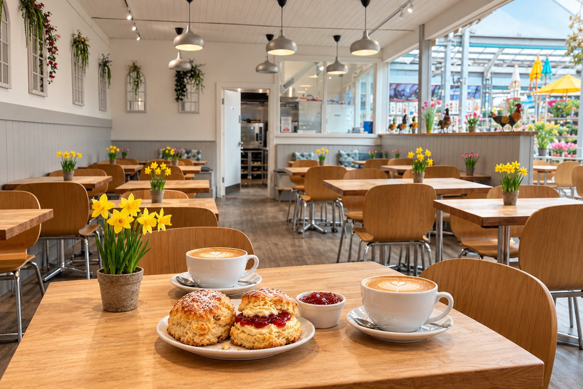 Newlands café interior with oak tables and grey wall panelling