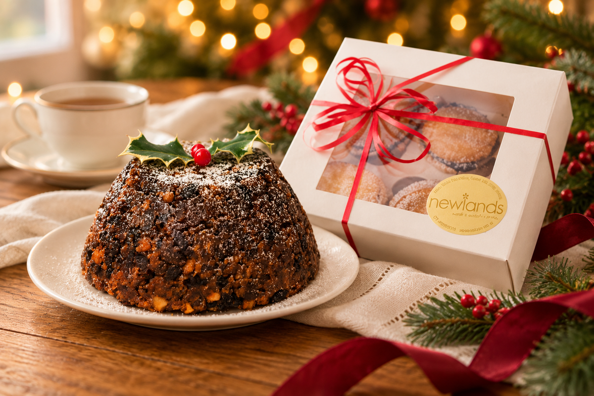 Christmas serving inspiration with Newlands traditional pudding and boxed mince pies