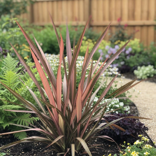 Phormium 'Evening Glow' growing as a colourful architectural garden clump