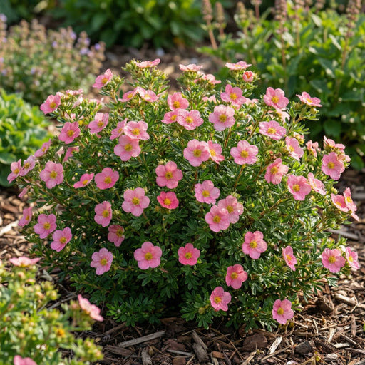 Potentilla fruticosa 'Lovely Pink' compact shrub covered in soft pink flowers