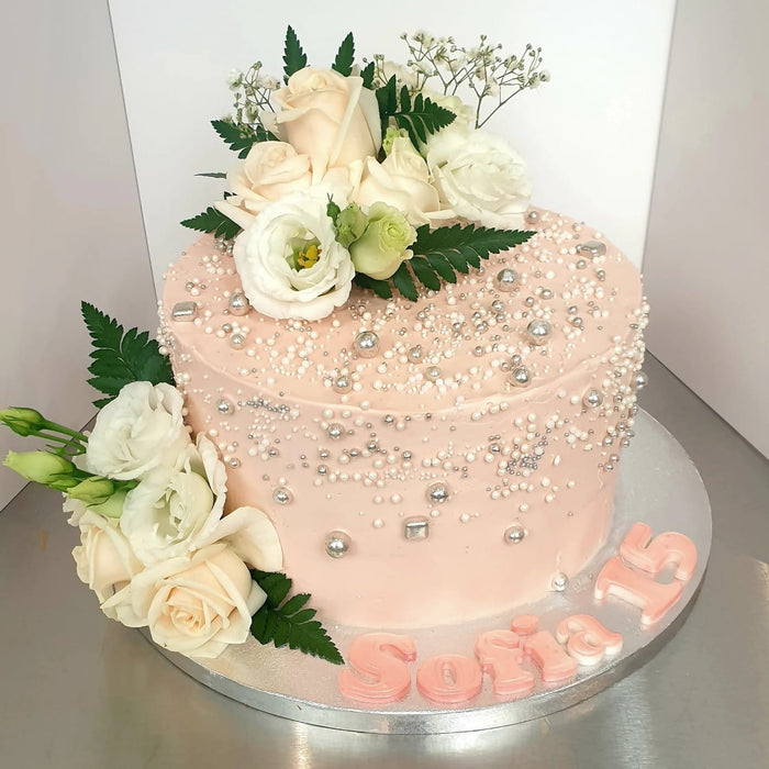 Pink Passion Pearl Cake With Floral Finish