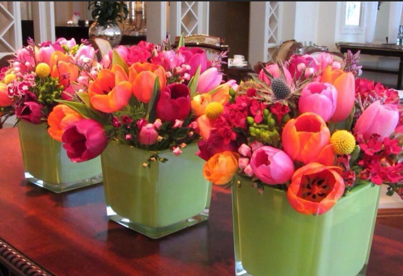 Cube Vase filled with Selection of Tulips and Berries