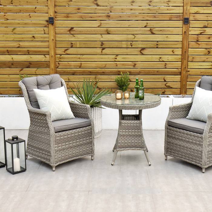 Bali - Rattan Bistro Set with Table & Two Armchairs with Cushions Grey